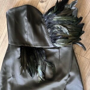 NovaLuxe Asymmetrical hem gown, with feather details